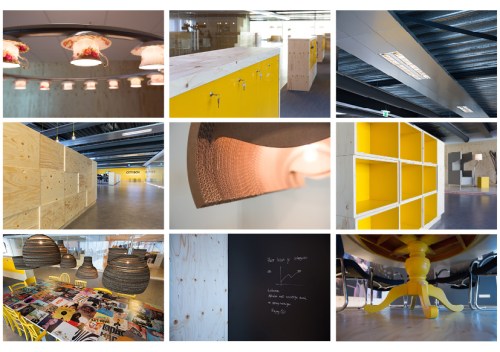 Use of vintage finds, recycled materials and hints to the world of storage and personal belonings in City Box service center interior. Photography: Babette Porcelijn for City Box